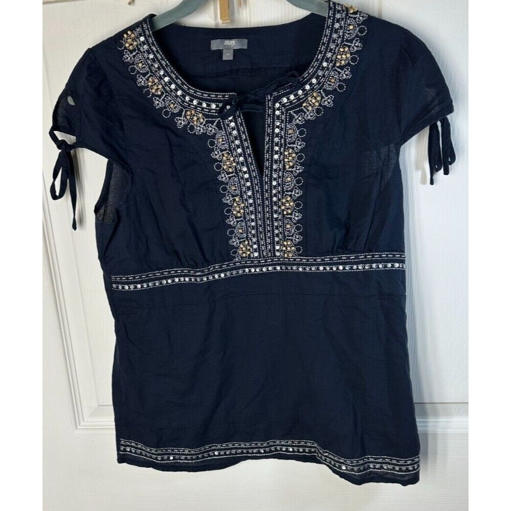 Max 14 Boho Style Blouse Wm Sm Navy Blue With Beaded Keyhole Neck Hippie Peasant